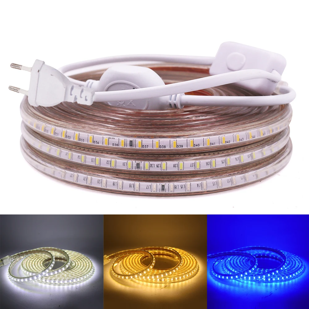 LED Strip EU 220 240V Waterproof IP67 Outdoor Rope White/Warm White/Blue SMD 3014 120LEDs/m LED Light Strip +EU Switch plug