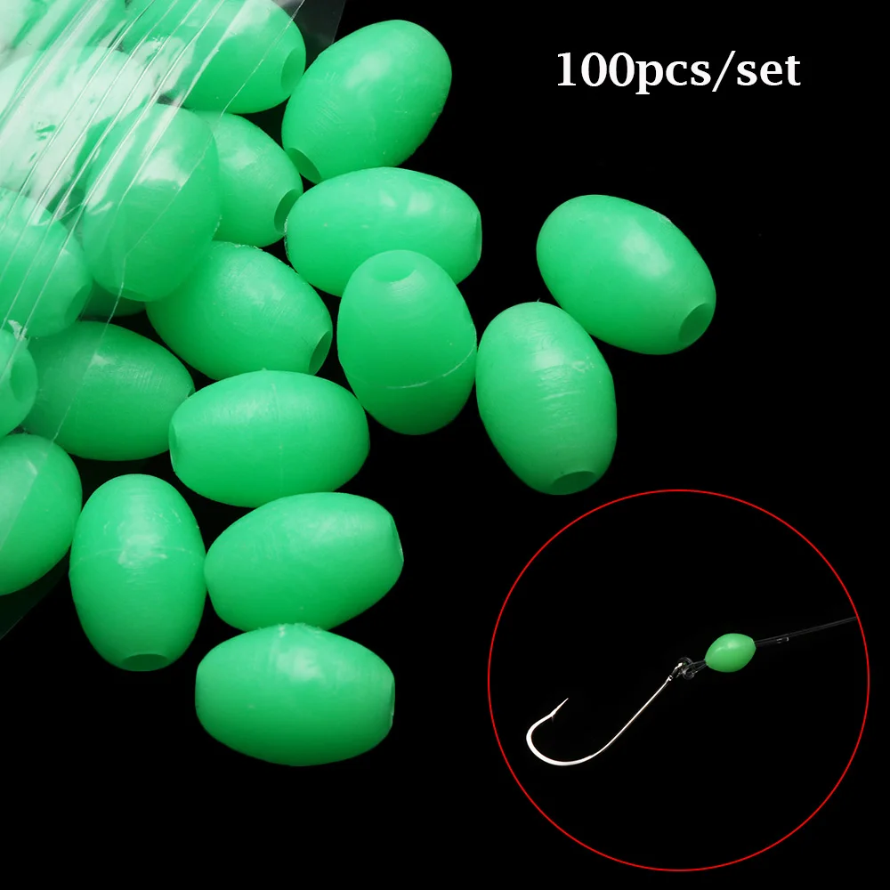 100Pcs Fishing Oval  Floats Beads  Luminous Light Green Plastic Glowing Balls Night Stoppers Glowing Sink Beads Lure Tackle