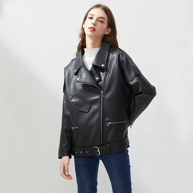 Fitaylor PU Faux Leather Jacket Women Loose Sashes Casual Biker Jackets Outwear Female Tops BF Style Black Leather Jacket Coat