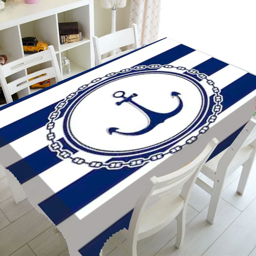 

Nautical Anchor Navy Blue White Striped Party Home Decor Marine Ocean Tablecloth for Rectangle Square Tables Cover Cloth Dining