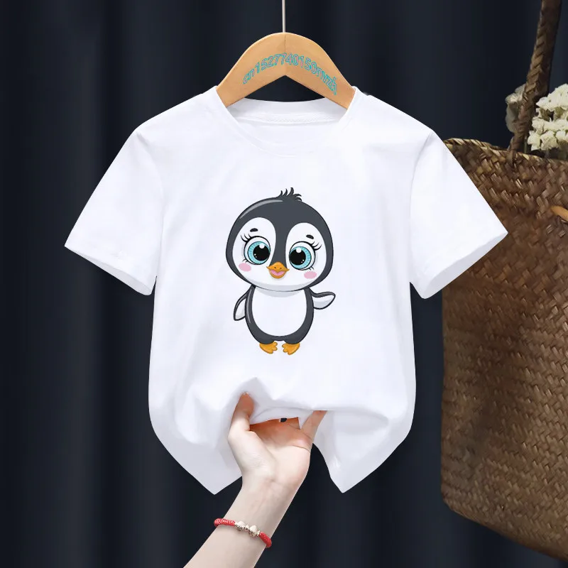 T-shirt bonito do pinguim branco para crianças, desenhos animados engraçados, tops de animais, roupa infantil, presente do menino e da menina, navio