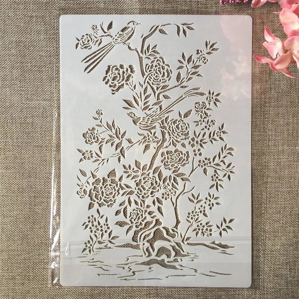 A4 29cm Rose Plants Birds DIY Layering Stencils Wall Painting Scrapbook Coloring Embossing Album Decorative Template