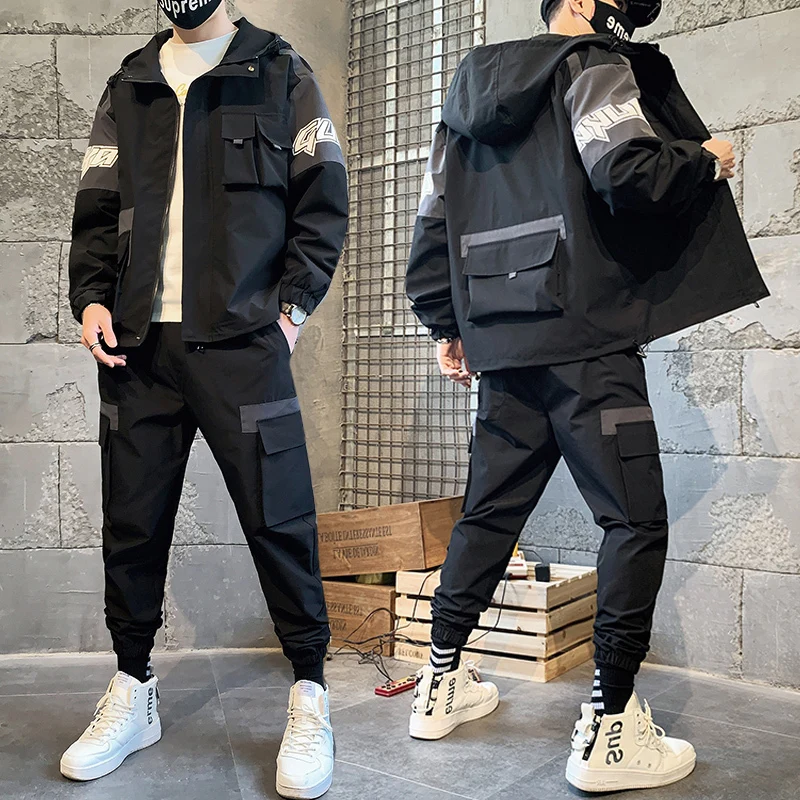 

2 Pieces Sets Mens Jackets Loose Fit Elastic Waist Pants Hip Ropa Deportiva Hombre Fashion Cargo Pullover Tracksuit