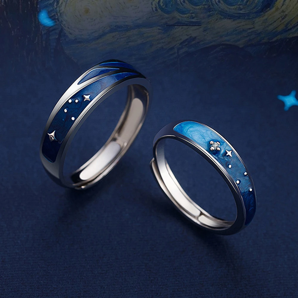 New Couple Rings Starry Night Van Gogh Never Fade Couple Rings Sun Moon Women Man Lovers Romantic Promise Art Ring