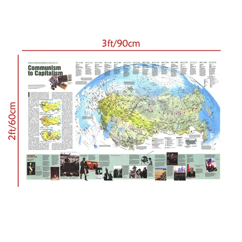 Antyczna mapa Rosji 90 * 60 cm Klasyczne włókniny w sprayu Mapy ścienne Capitalist Communism 1993 Wydruki plakatów do artykułów biurowych w domu