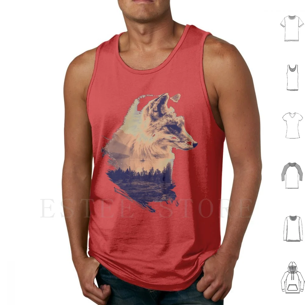 Forest Fox Tank Tops Vest Fox Photomanipulation Forest Realistic Nature Trees Lake Island Monotone Wolf