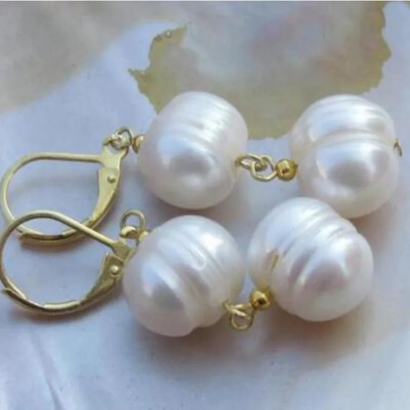 free shipping noble jewelry new 10-11MM white PEARL EARRINGS 14K/20 YELLOW GOLD hook