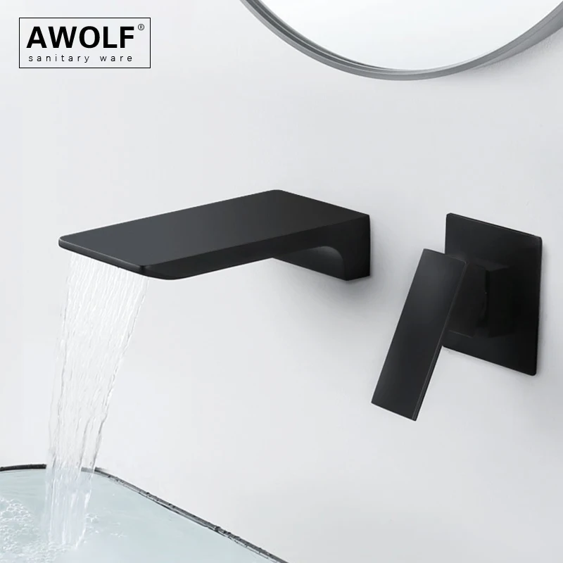 

Awolf 4 Colors Bathroom Basin Sink Faucet Black Solid Brass Wall Mounted Waterfall Hot and Cold Mixer Bathtub Faucet Tap ML8063