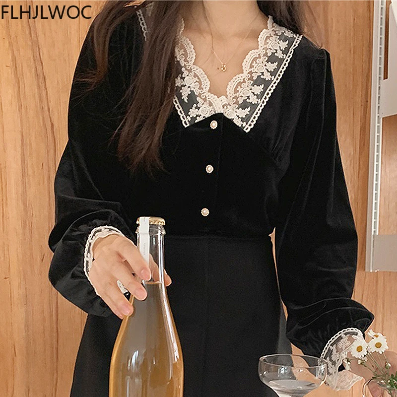 French Style Outerwear Chic Fashion Women Long Sleeve Patchwork Hollow Out White Lace Outside Velvet Short Tops Button Shirts