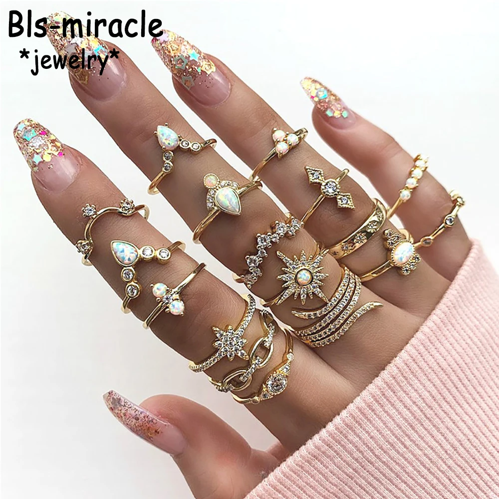 2020 Vintage Gold Color Geometry Crystal Sun Opal Crown Ring Sets For Women New Boho Adjustable Rings Female Valentine Gift