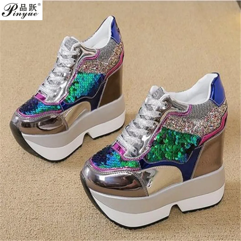 size 34 40 New arrival  Autumn Fashion casual shoes women High Platform Shoes 13 cm thick soled female Trainers Gold Silver