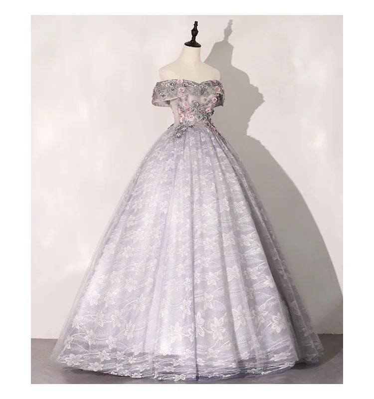 100%real grey lace slash collar flower embroidery vintage ball gown royal Medieval Renaissance Victorian dress Belle ball