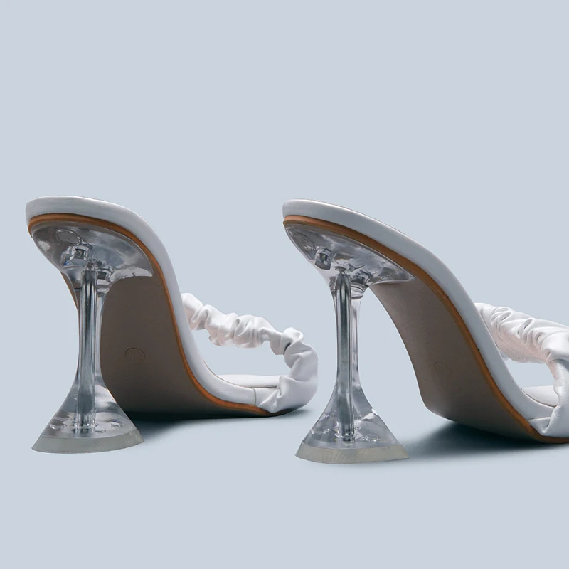 2022 Summer woman pleated shoes transparent perspex crystal high heels open toe mules ladies slides shoes white black size 40
