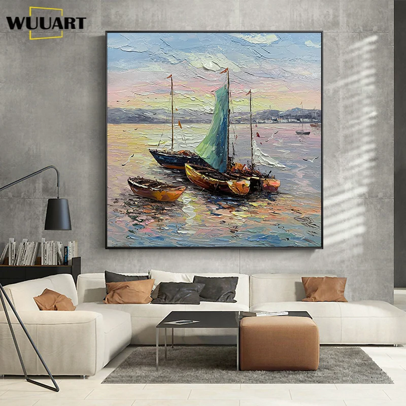 

Large Hand Painted Texture Abstract Sailboat Oil Painting Modern Canvas Wall Art Wall Painting for Living Room Wall Decoration