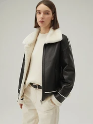 Nieuwe Womens Shearling Jas Zwart Lederen Jas Korte Bontjas Dikker Winterjas Wollen Jas