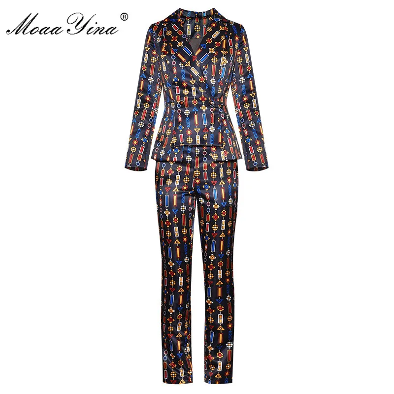 MoaaYina Fashion Designer Suit Autumn Winter Women Long sleeve Stripe Print Suit Tops+Trousers Two-piece set