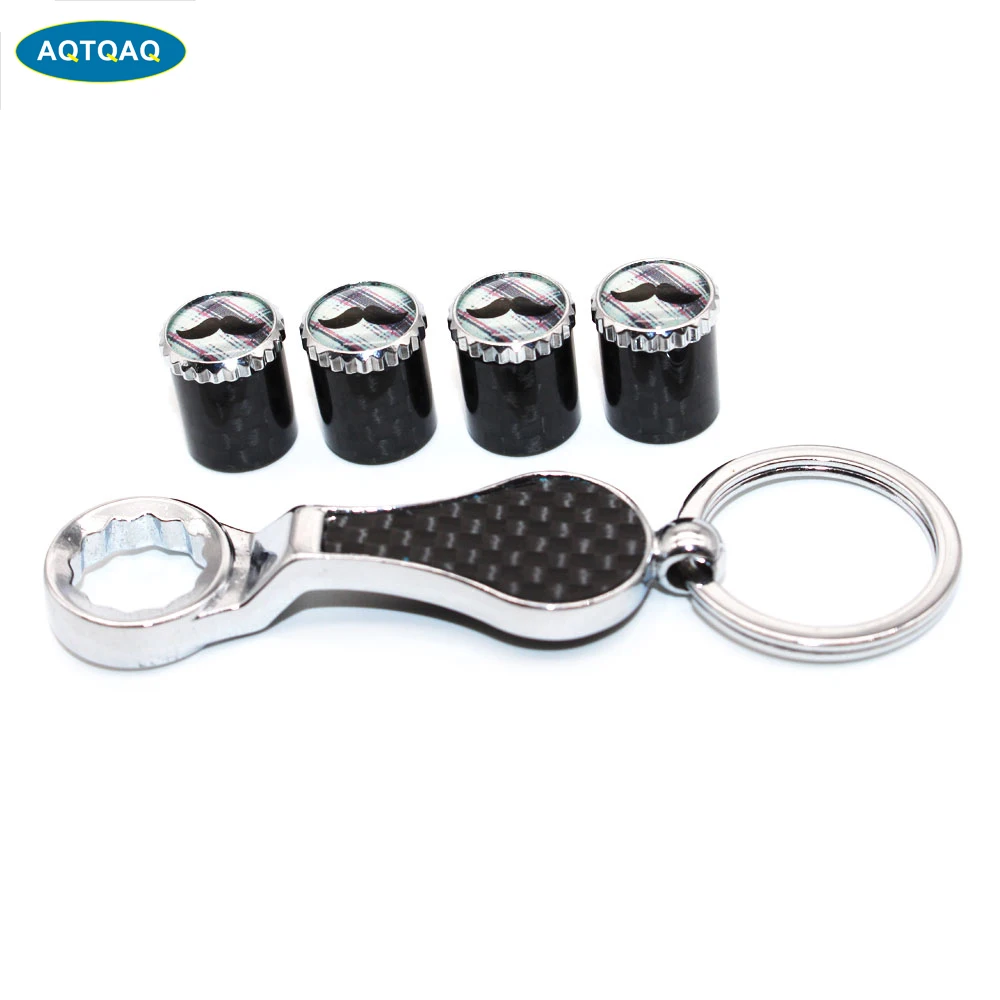 5Pcs/Set Mustache Style Emblem Auto Car Wheel Tire Air Valve Caps With Wrench Keychain Carbon Fiber + Copper Stem Dust Cover Acc