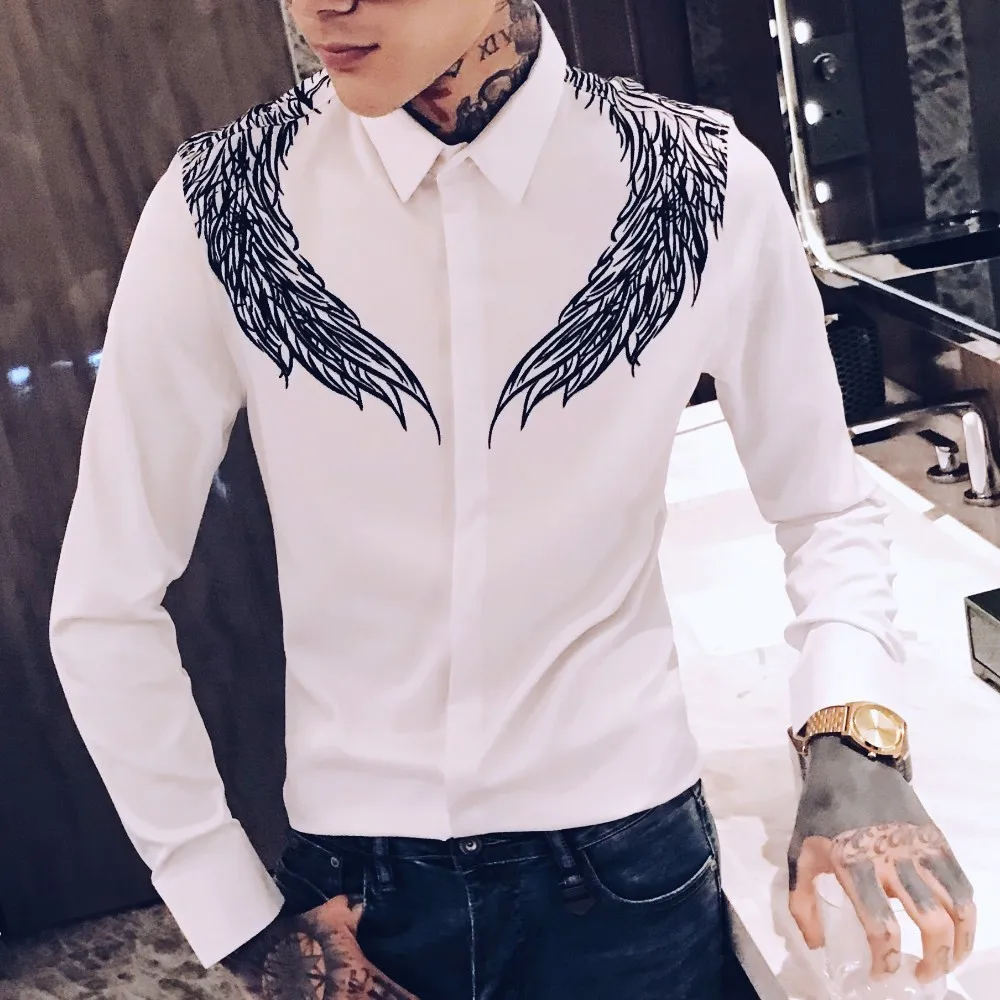 Digital Print Streetwear Slim Fit Casual Dress Shirts Party M-4XL 2020 Autumn Men Shirt Brand Long Sleeve Black White Shirt Men