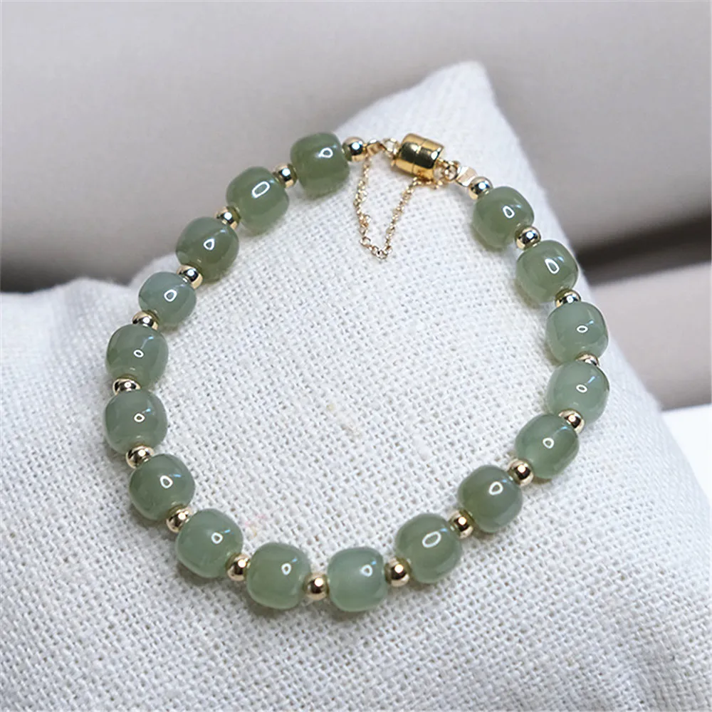 Natural Green Hetian Jade Beaded Bracelet Women's Retro Chinese Style Ethnic Style 14K Gold Filled Magnetic Buckle Bracelet