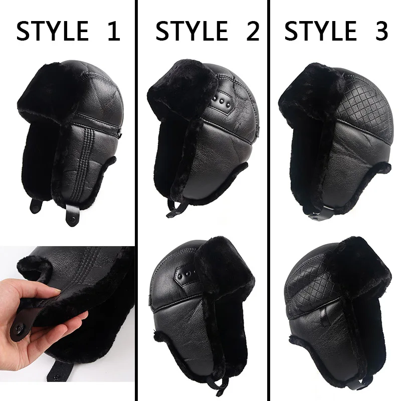 Russian Ski Hat Man Soft Leather Bomber Hats Warm 2024 Winter Hats Black Fur Earflaps Caps With Ear Flaps Ushanka Dad Soviet Hat