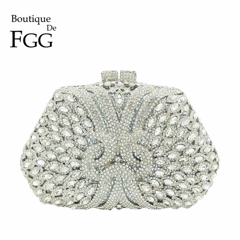 Boutique De FGG Dazzling Silver Diamond Clutch Purse Women Crystal Bags Evening Wedding Party Handbag Bridal Metal Minaudiere