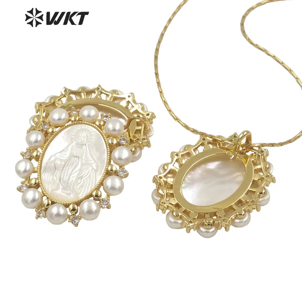 WT-JP277 Amazing Unique gold micropave cubic zircon white shell pendant European hot gorgeous pearl charm Mary pendant