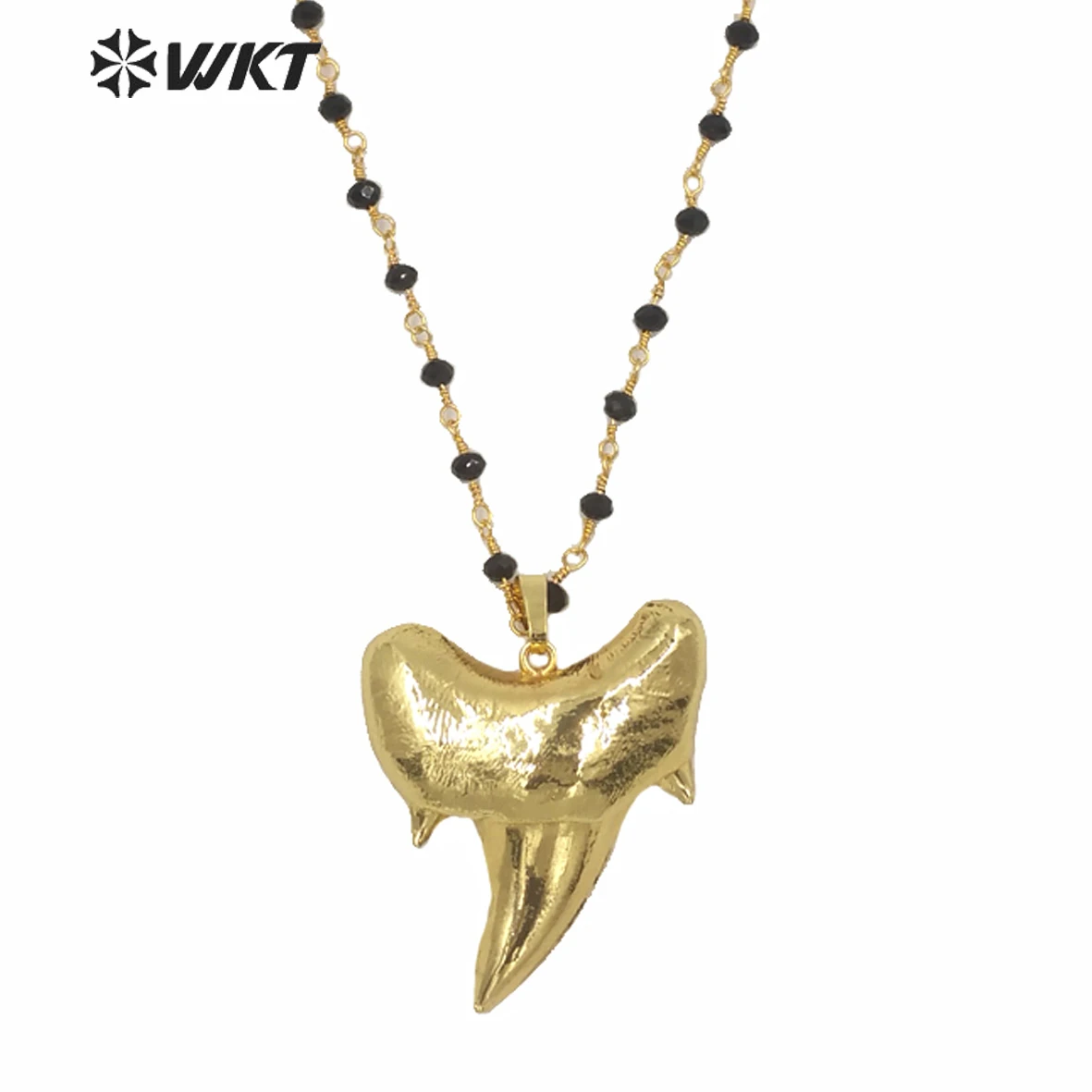 

WT-N227 Wholesale Custom Natural gold electroplated raw shark tooth necklace with black rosary beads pendant