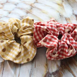 Ladies Plaid Scrunchy Lovely  Daisy Flowers Print Cotton Ponytail Rope Bands Holder Vintage Floral Hair Band  Hair Gum Scrunchie