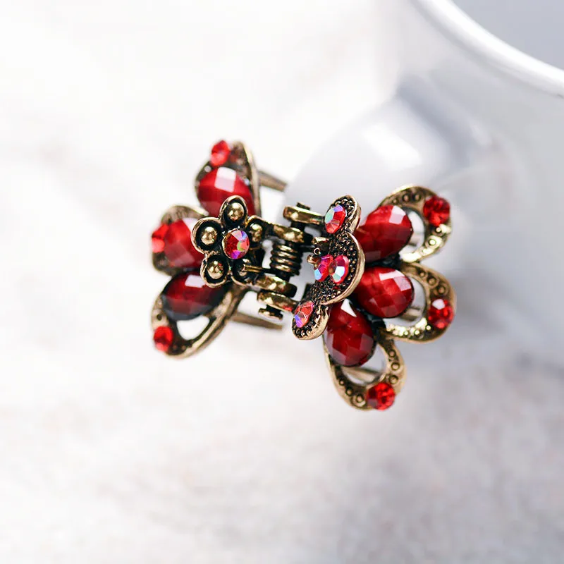 Morkopela Small Flower Hair Clip Vintage Rhinestone Hair Claw Mini Hair Pins For Women Metal Hair Accessories Gift