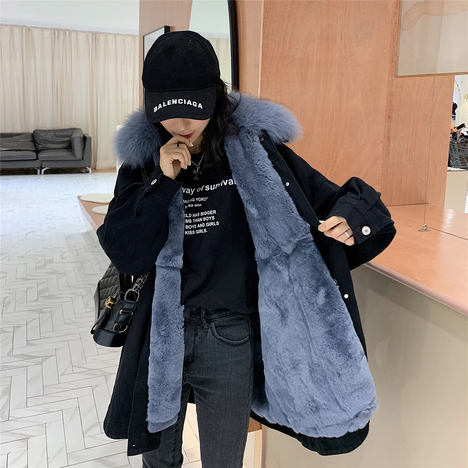 Real Rex Rabbit Liner Parkas Coat Female Vintage Fox Fur Collar Jacket Women Clothes 2020 Korean Warm Overcoat 9266