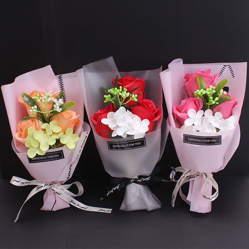 3pc/box Soap Flower Eternal Rose Valentine\'s Day Present Gifts Creative Birthday Gift Handmade Soap Rose Bouquet with PVC Box