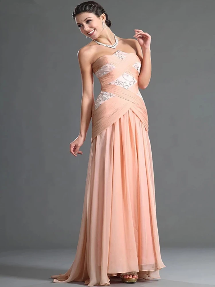 Peach Evening Dresses A-line Strapless Chiffon Beaded Backless Long Dubai Saudi Arabic Evening Gown Prom Dresses