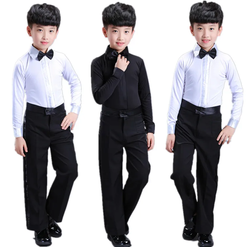 Boys Latin Dance Costume Ballroom Cha Cha Rumba Salsa Tango Stage Performance Clothing Set Children Black White Bow Dancewear