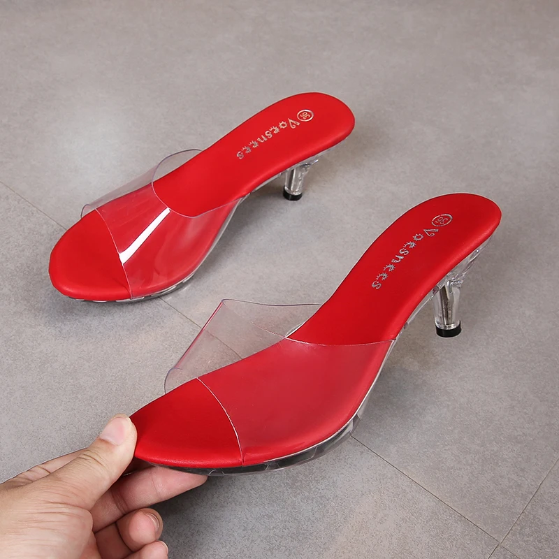 2022 Women Shoes Slippers Summer Transparent Sandals Thin High Heels Sexy Crystal 6cm Low Heels Derss Women Shoes Party Shoes
