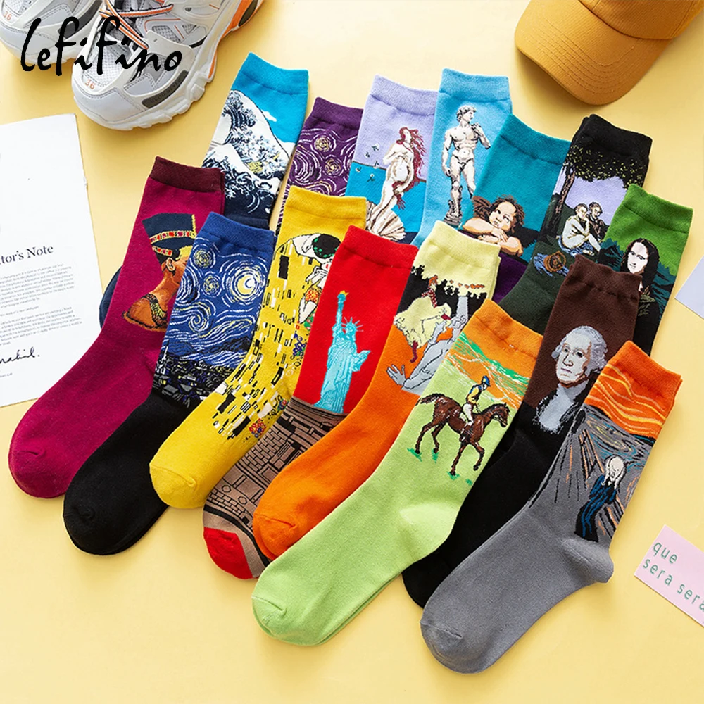 

2024 Adult Oil Painting Socks Mid tube Autumn and Winter Cotton Socks Thickened Men's Socks Trendy Women's Socks