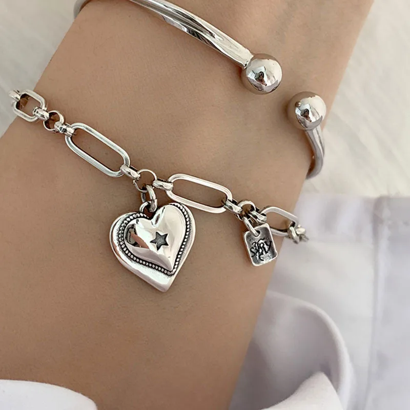 Minimalist 925 Sterling Silver LOVE Heart Bracelets For Women New Fashion Vintage Handmade Birthday Party Jewelry Gifts