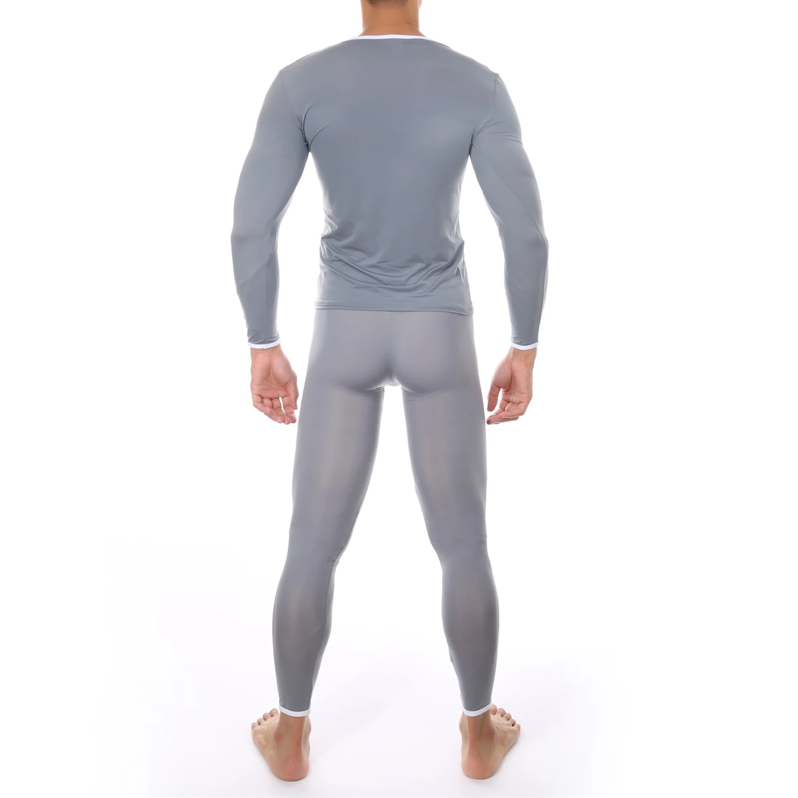 CLEVER-MENMODE Sexy Male Long Johns Men\'s Thermal Underwear Sleepwear Ice Silk Lounge Tight Long Sleeve Undershirt Trousers Set