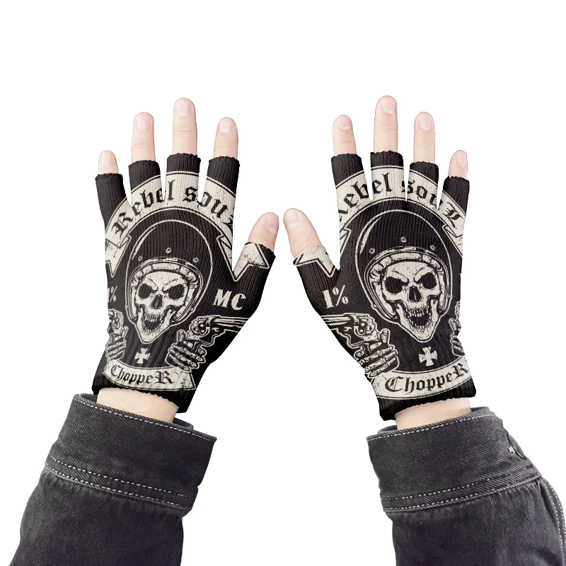 Hip Hop Gloves 3D Skull Print Unisex Winter Knitted Half Finger Gloves Women\'s Windproof Riding Touch Screen Fingerless Gloves