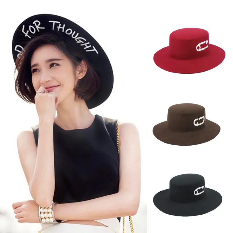 Pin Logo Fedora Hat Flat Top Letter Food for Thought Felt Jazz Top Hat Letter Print Big Side Pin Dome Hat for Men and Women