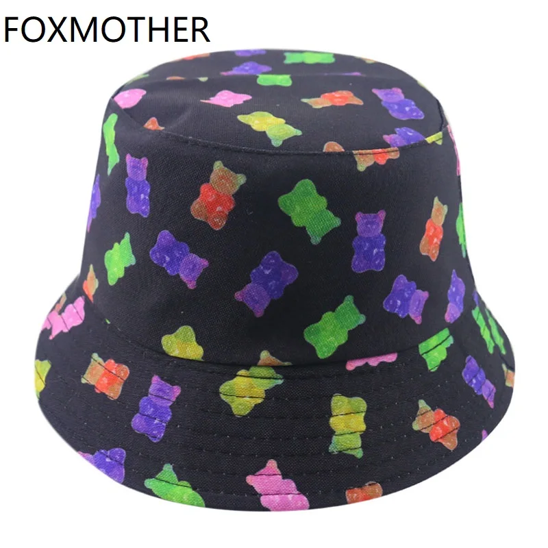 FOXMOTHER New Men Reversible Cartoon Bear Print Bucket Hats Women Fisherman Hats Cap Summer