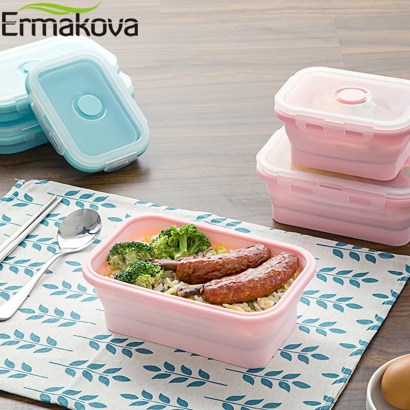 ERMAKOVA Silicone Heat-Resistant Folding Food Storage Container Box Collapsible Lunch Box Bento Box with Airtight Plastic Lid