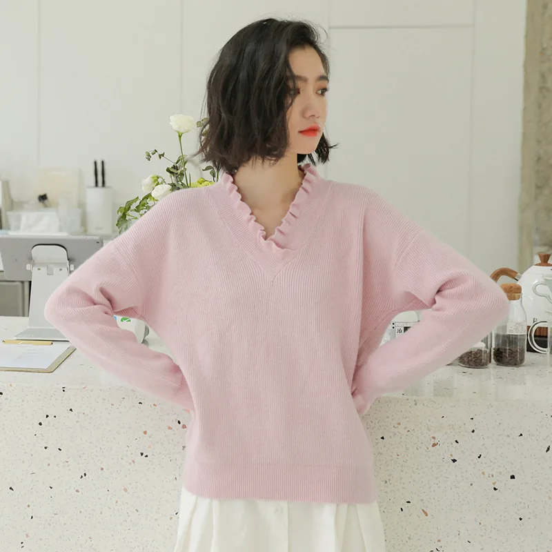 

Autumn Winter Pure Color Sweater Student Sweet Long Sleeve V Collar Knitted Sweaters Women Casual Preppy Style Jumper Tops H9412