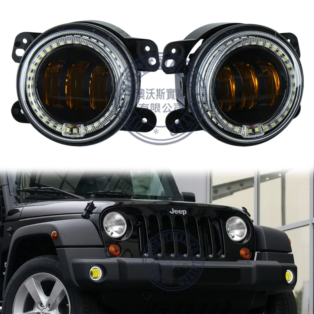 

2 Pcs 4 Inch Led Fog Lights Angle Eyes White Halo DRL Yellow Color For Jeep-Wrangler JK 2007-2017