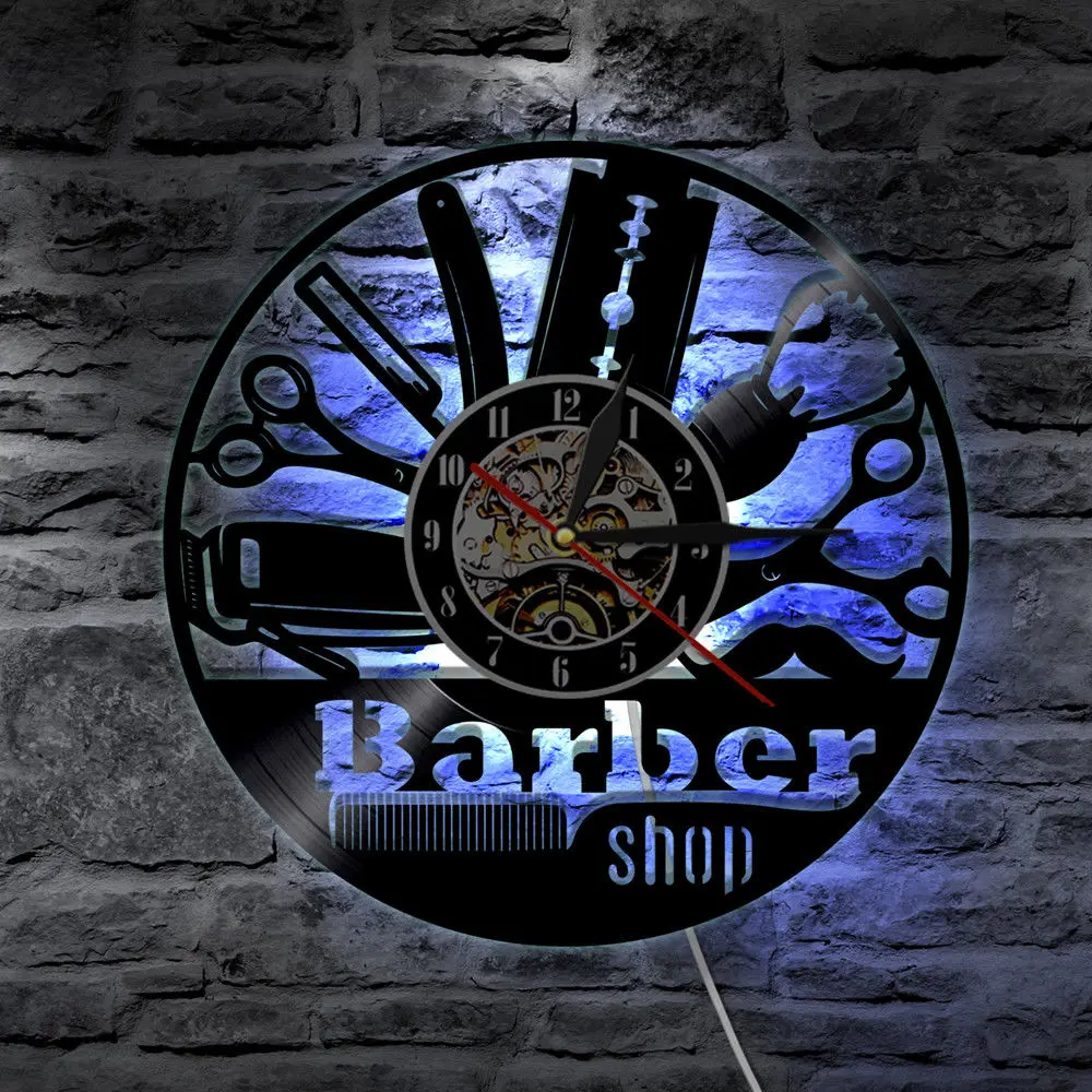 LED Wall Clock Modern Design Barber Shop Clocks 7 Color Change Barbershop Vinyl CD Record Wall Watch Home Decor Silent 12 inch