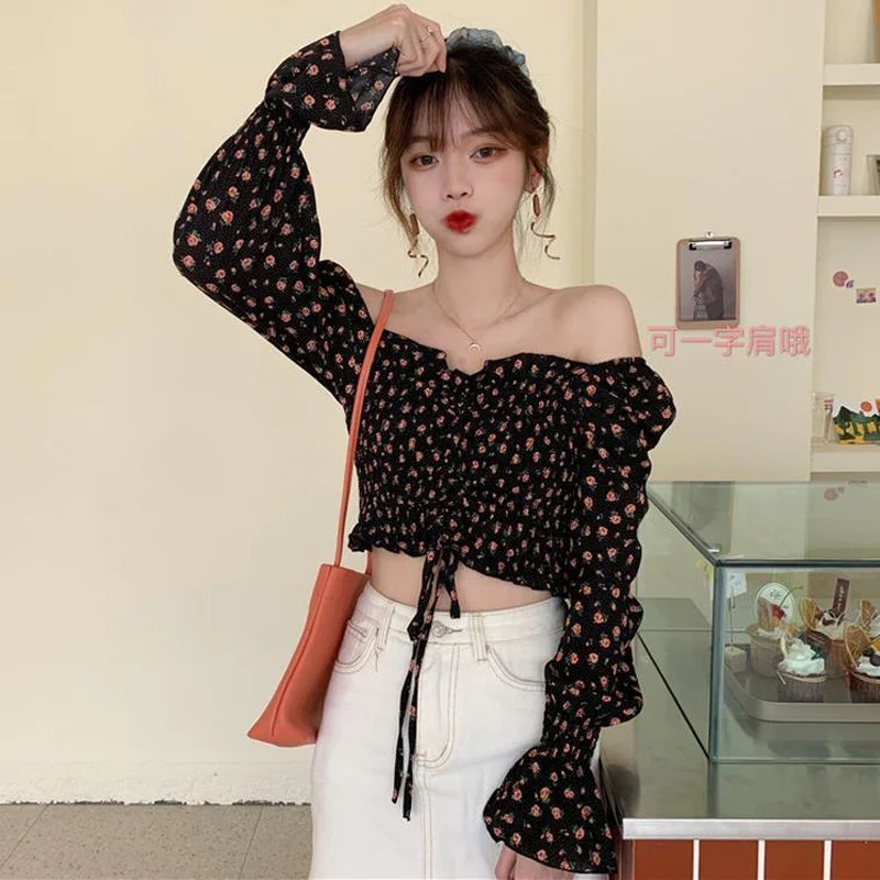 Blouses Women Elegant Square Collar Shirring Cropped Sexy Bodycon 3 Colors Ulzzang Floral Party Casual Fashion Ladies Sweet New