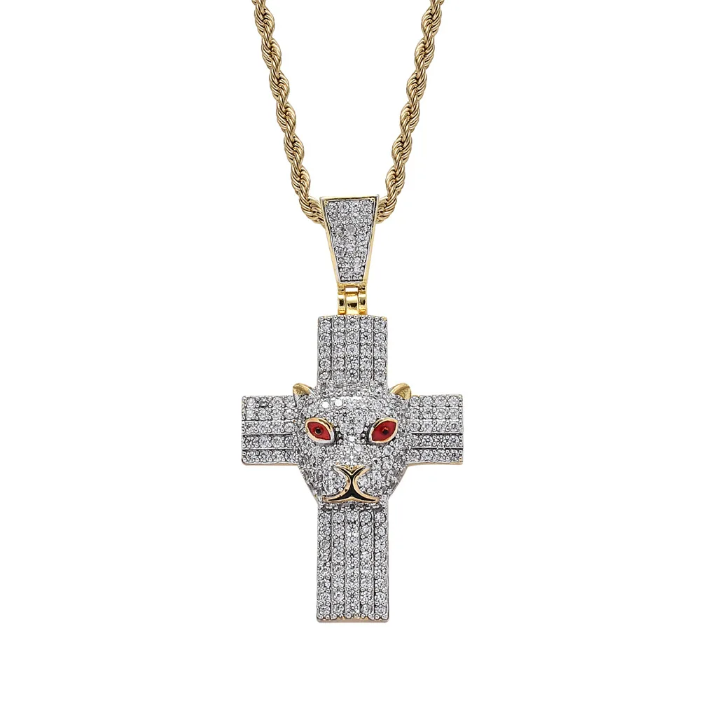 

18k Gold Plated Lab Diamond Necklace Iced Out Leopard Head Cross Pendent Hip Hop Chain for Men Women