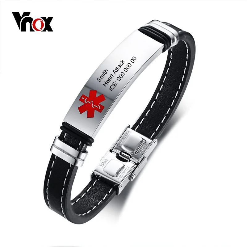 Vnox Personlized Medical Alert ID Bracelet for Men Stainless Steel Identification Tag Genuine Leather Emergency Male Jewelry