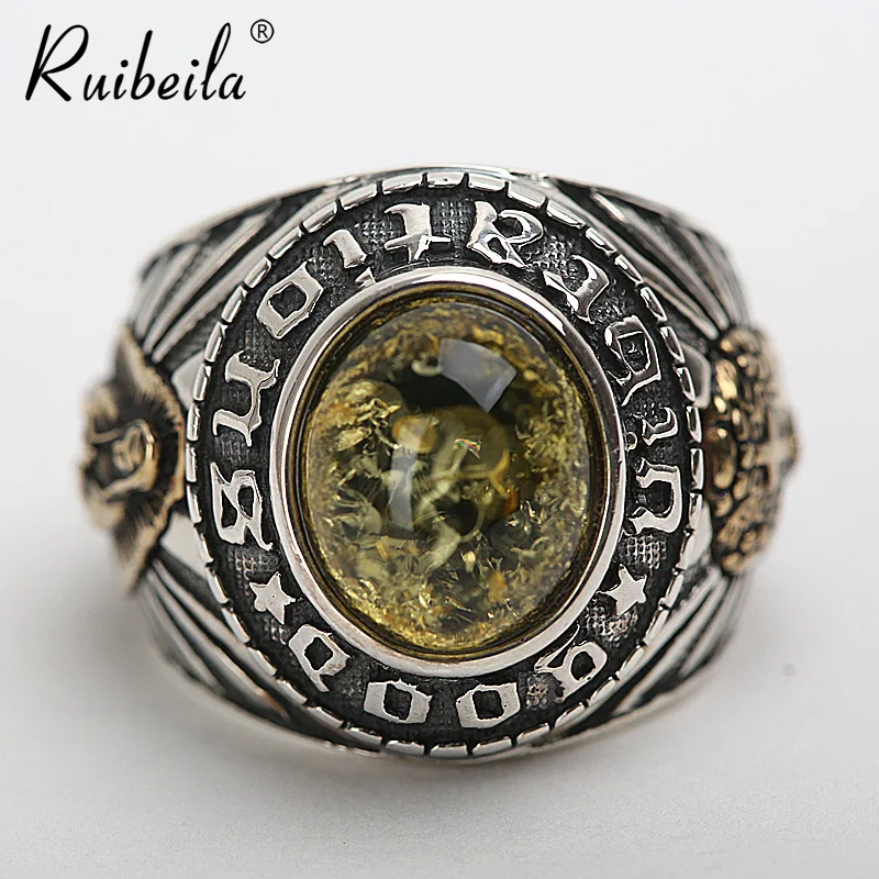 Ruibeila silver Virgin Mary natural amber ring vintage men gemstone ring 100% 925 sterling silver ring jewelry gift