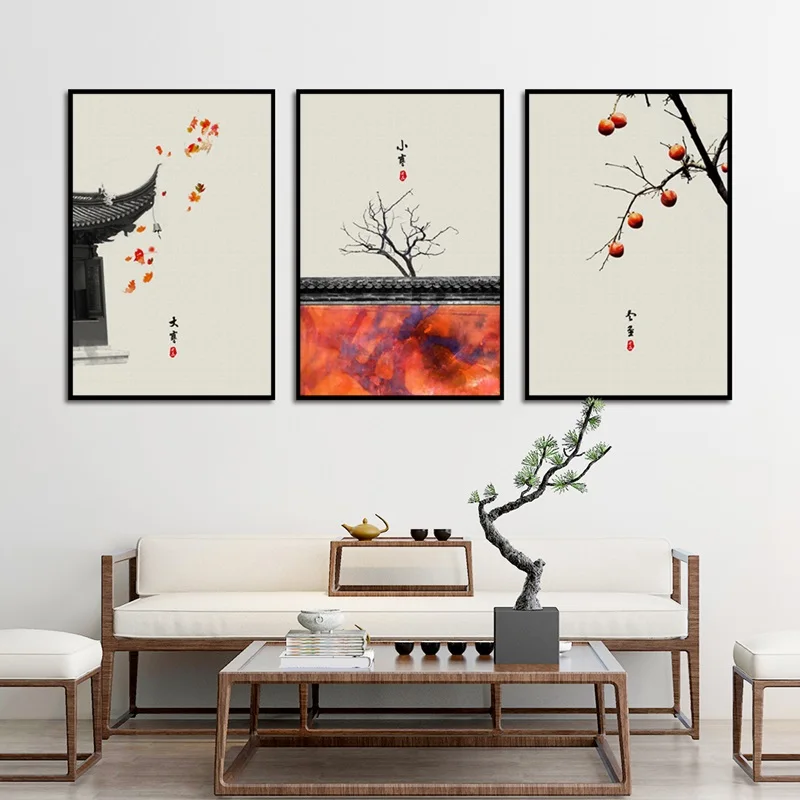 Chinese Style Eaves Persimmon Tree Poster Lesser And Great Cold Winter Solstice Canvas Painting Living Room Home Wall Art Decor