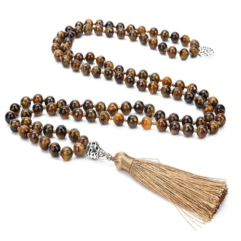 

108 Natural Stone Japa Mala Beaded Knotted Necklace Meditation Yoga Prayer Charm Jewelry with Tree of Life Pendant